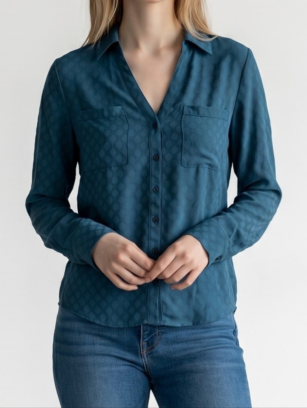 Express Teal-Blue Long Sleeve Button Front Blouse